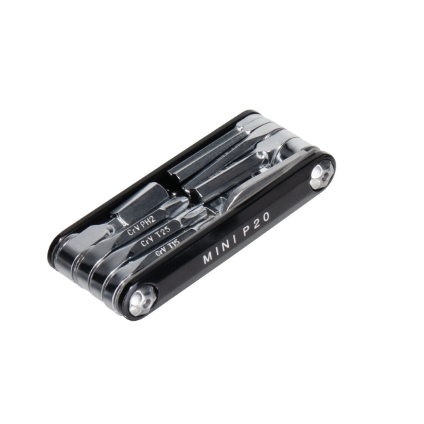 Topeak Mini P20, 20 Funktionen, mit Kettennieter, Black mit Power Link Tool und Neoprentasche, schwarz/silber