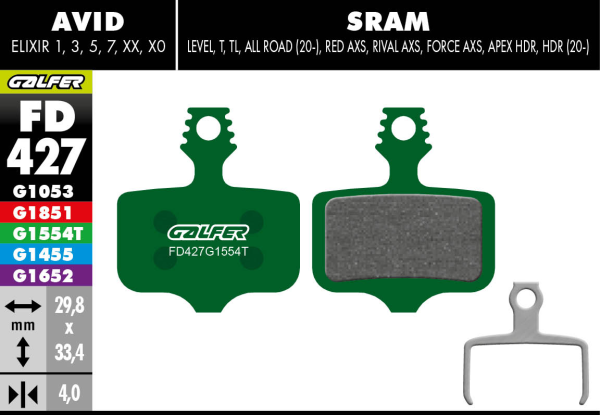 GALFER Brake Pad FD427 Pro, Avid Elixir 1,3,R,CR,X.0,Mac,XX, grün