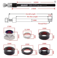 MUQZI Steckachse für Anhänger M12 x 1.0mm, Länge 160-178mm, schwarz