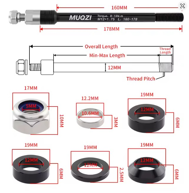 MUQZI Steckachse für Anhänger M12 x 1.75mm, Länge 160-178mm, schwarz